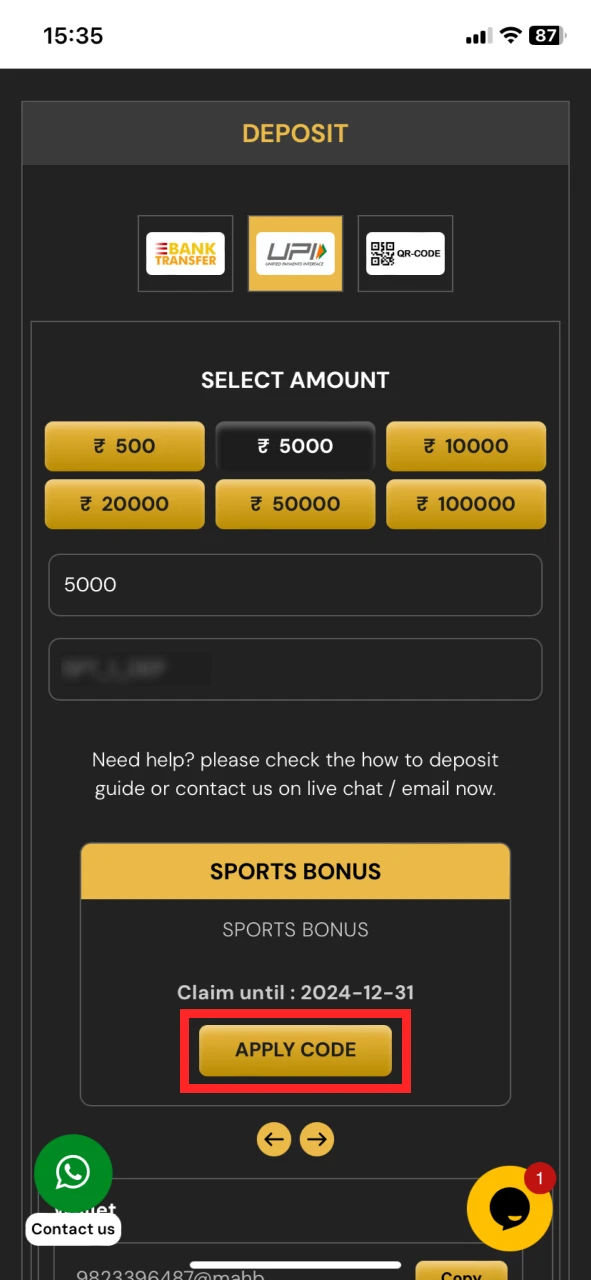 Enter the Satbet bonus code in the box.