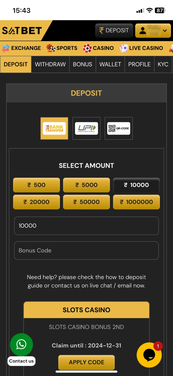 State the way and amount to be deposited at SatBet account.