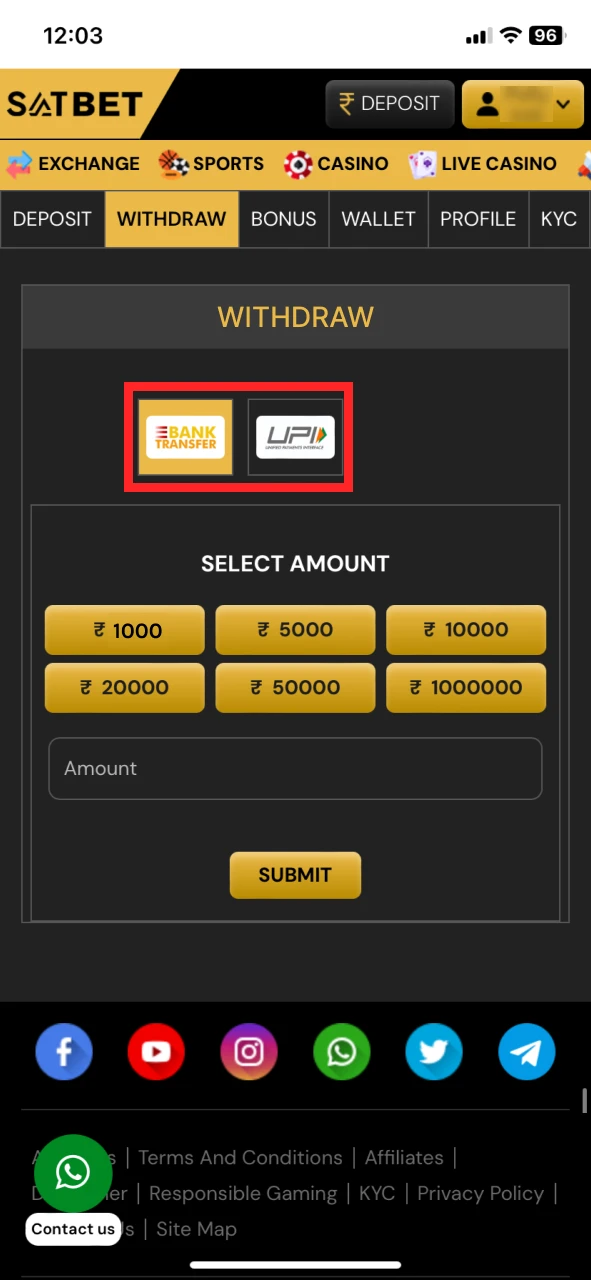 Select your preferred withdrawal method at SatBet.