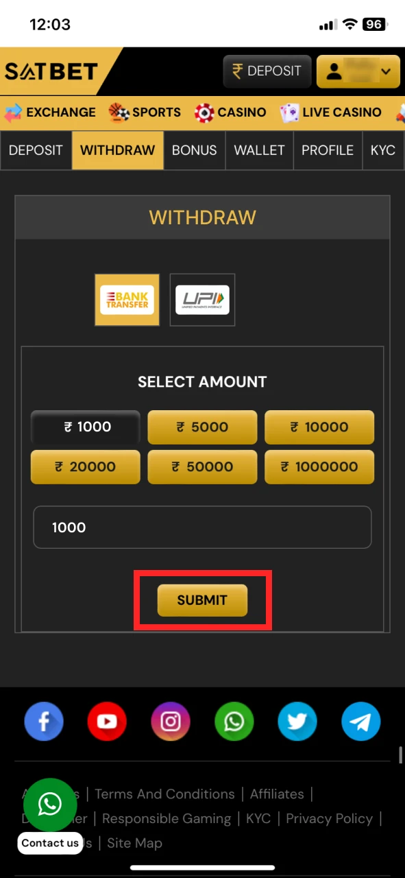 Enter the amount you want to withdraw at SatBet.