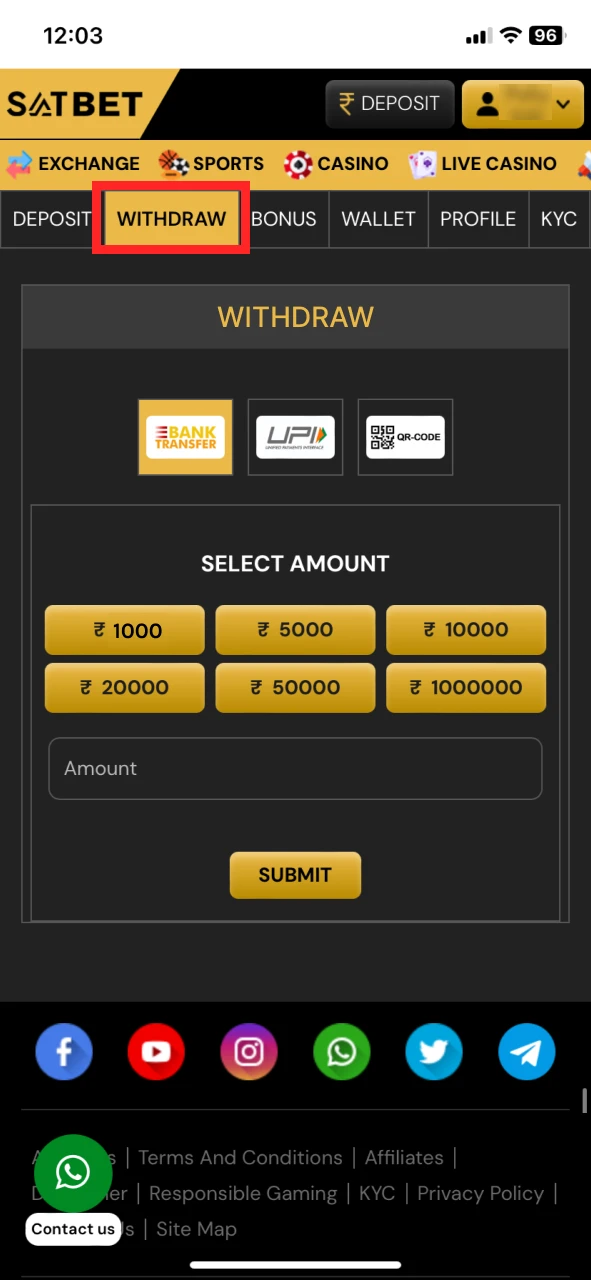 Select the withdraw option in your SatBet wallet.