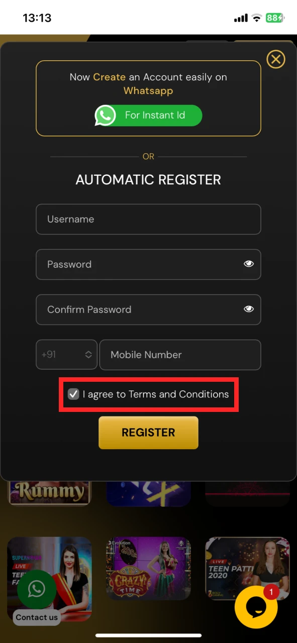 Accept terms and conditions of the SatBet site.