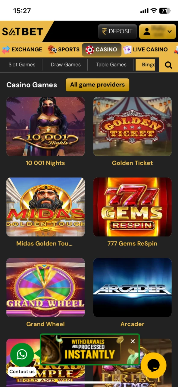 Choose Bingo section at SatBet casino.