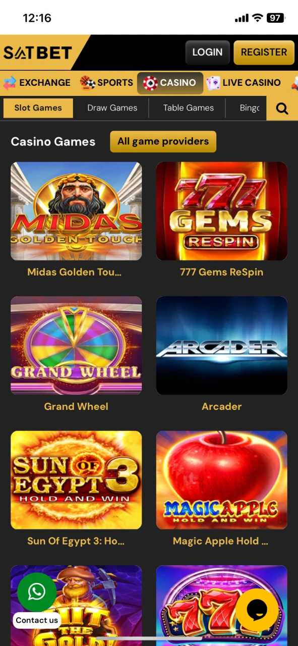 Choose the type of game at SatBet casino section.